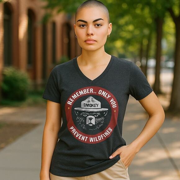 SMOKEY THE BEAR "Only You Prevent Wildfires" Dark Gray T-Shirt Top ~ Women's XS - Picture 1 of 7